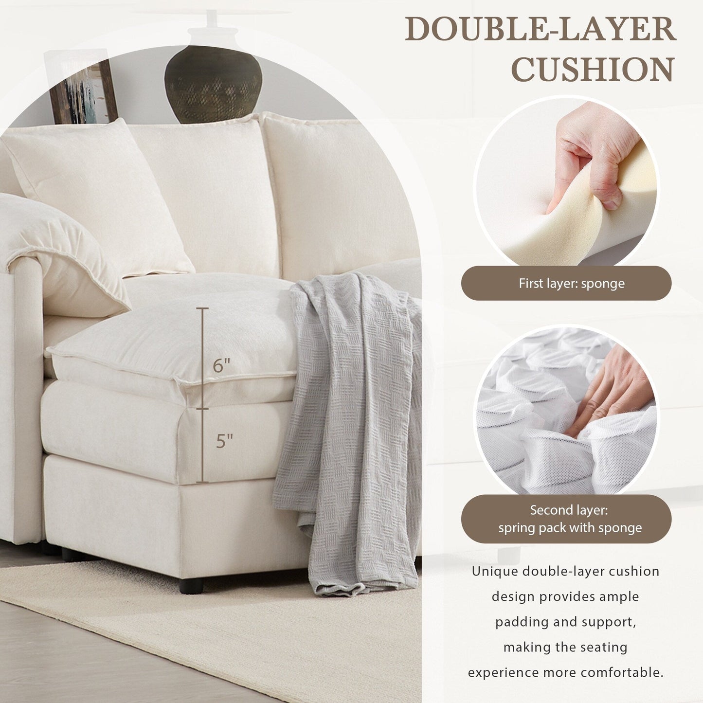 Divano componibile modulare in ciniglia, divano a forma di U con cuscini doppi, divano a 6 posti con pouf mobili