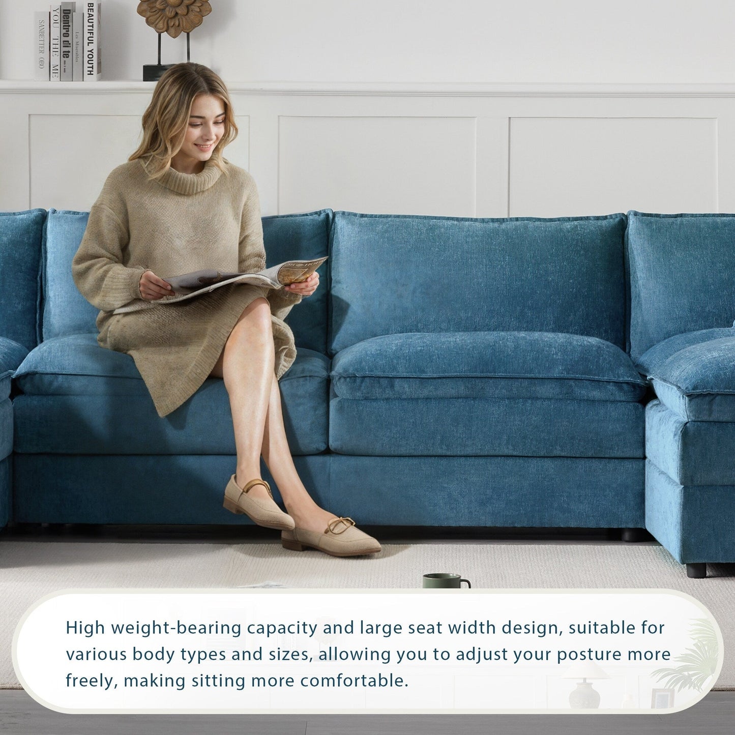 Divano componibile modulare in ciniglia, divano a forma di U con cuscini doppi, divano a 6 posti con pouf mobili