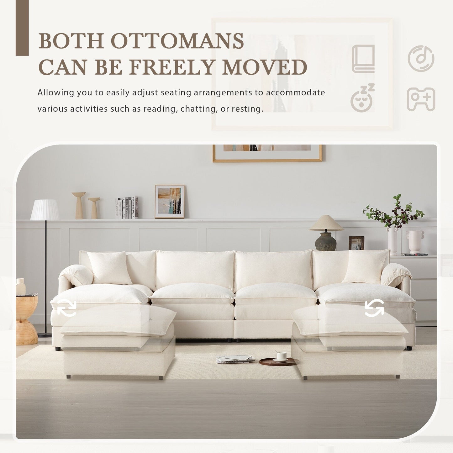 Divano componibile modulare in ciniglia, divano a forma di U con cuscini doppi, divano a 6 posti con pouf mobili