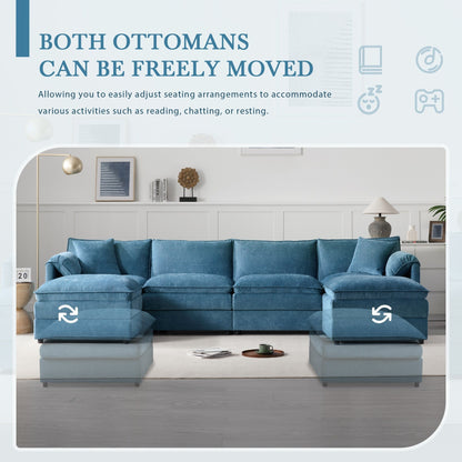 Divano componibile modulare in ciniglia, divano a forma di U con cuscini doppi, divano a 6 posti con pouf mobili