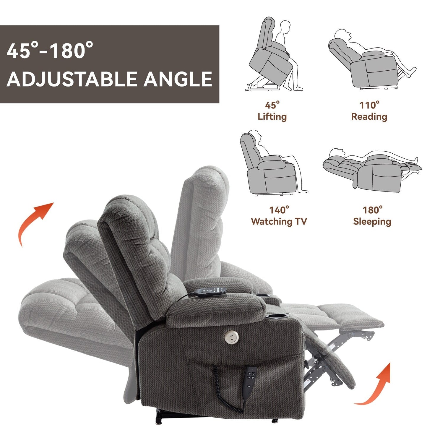 Poltrona reclinabile elettrica Chenille con massaggio, riscaldamento e portabicchieri