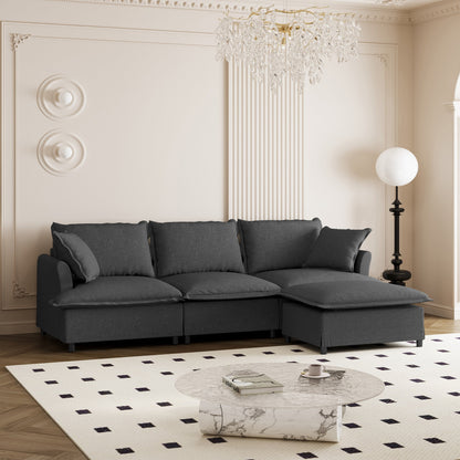 Divano componibile in ciniglia con pouf, set divano a forma di L con cuscini decorativi, combinazione libera, 4 posti modulari imbottiti