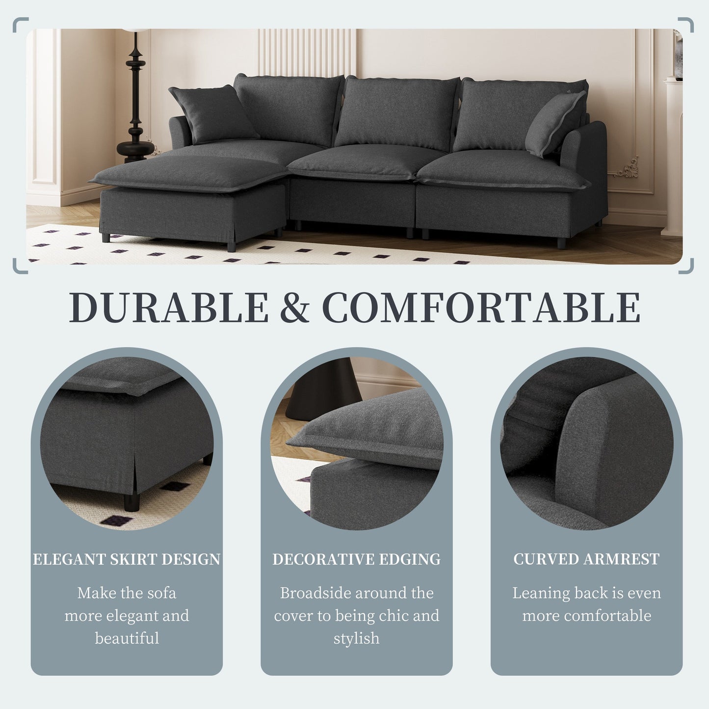 Divano componibile in ciniglia con pouf, set divano a forma di L con cuscini decorativi, combinazione libera, 4 posti modulari imbottiti