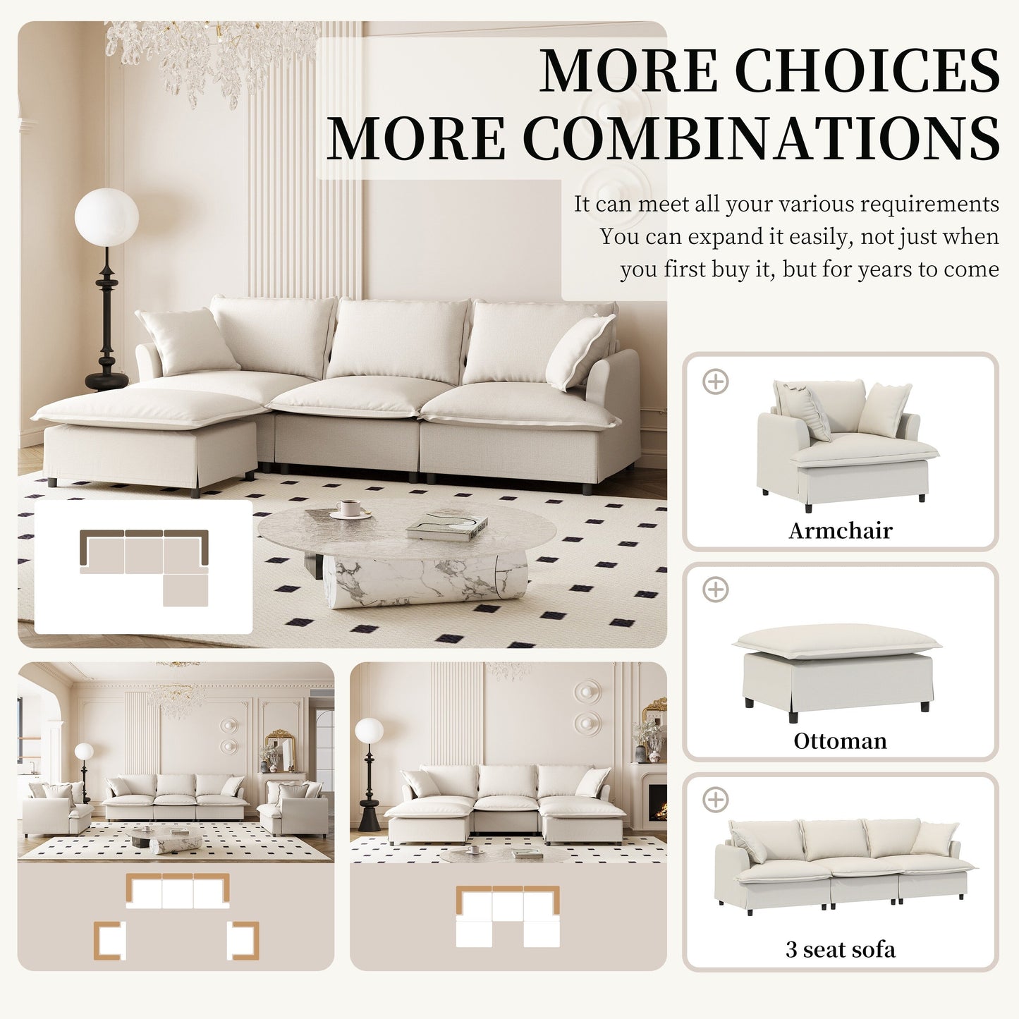 Divano componibile in ciniglia con pouf, set divano a forma di L con cuscini decorativi, combinazione libera, 4 posti modulari imbottiti