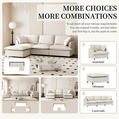 Divano componibile in ciniglia con pouf, set divano a forma di L con cuscini decorativi, combinazione libera, 4 posti modulari imbottiti