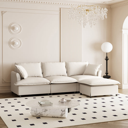 Divano componibile in ciniglia con pouf, set divano a forma di L con cuscini decorativi, combinazione libera, 4 posti modulari imbottiti