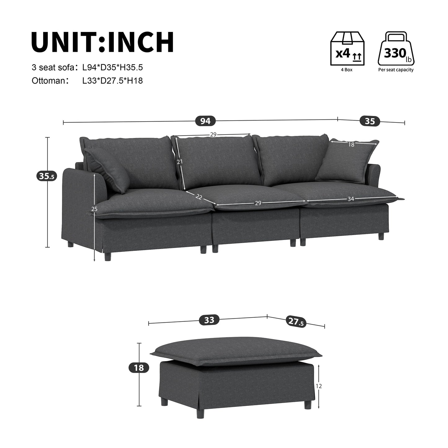 Divano componibile in ciniglia con pouf, set divano a forma di L con cuscini decorativi, combinazione libera, 4 posti modulari imbottiti
