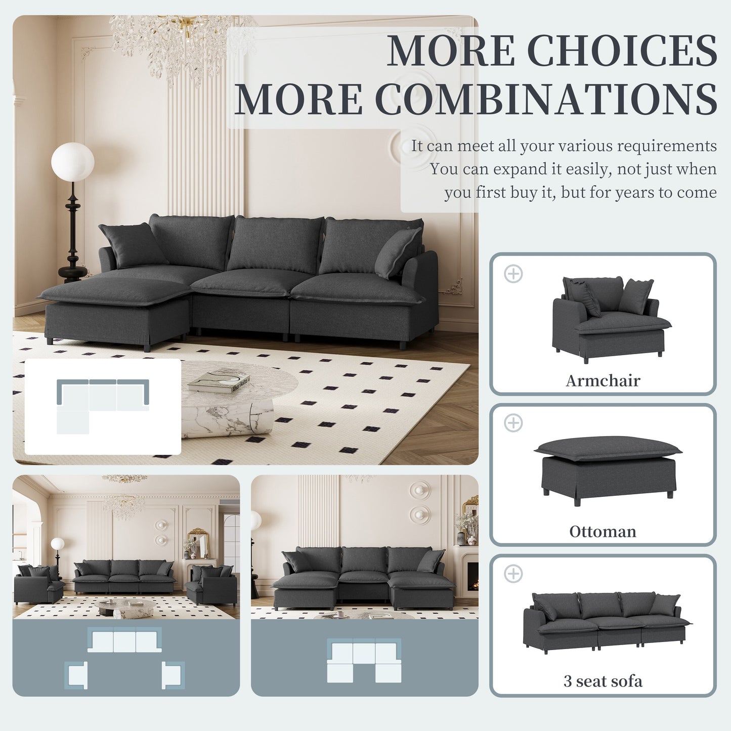 Divano componibile in ciniglia con pouf, set divano a forma di L con cuscini decorativi, combinazione libera, 4 posti modulari imbottiti