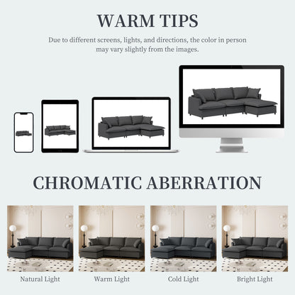 Divano componibile in ciniglia con pouf, set divano a forma di L con cuscini decorativi, combinazione libera, 4 posti modulari imbottiti