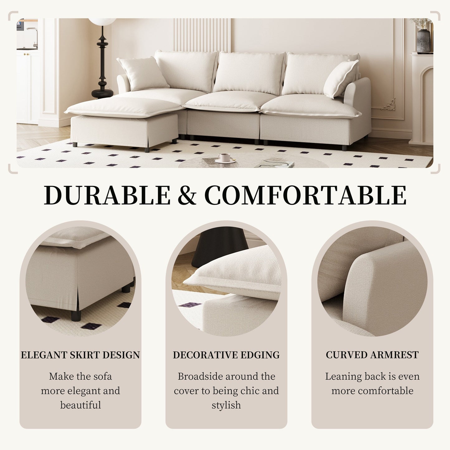 Divano componibile in ciniglia con pouf, set divano a forma di L con cuscini decorativi, combinazione libera, 4 posti modulari imbottiti