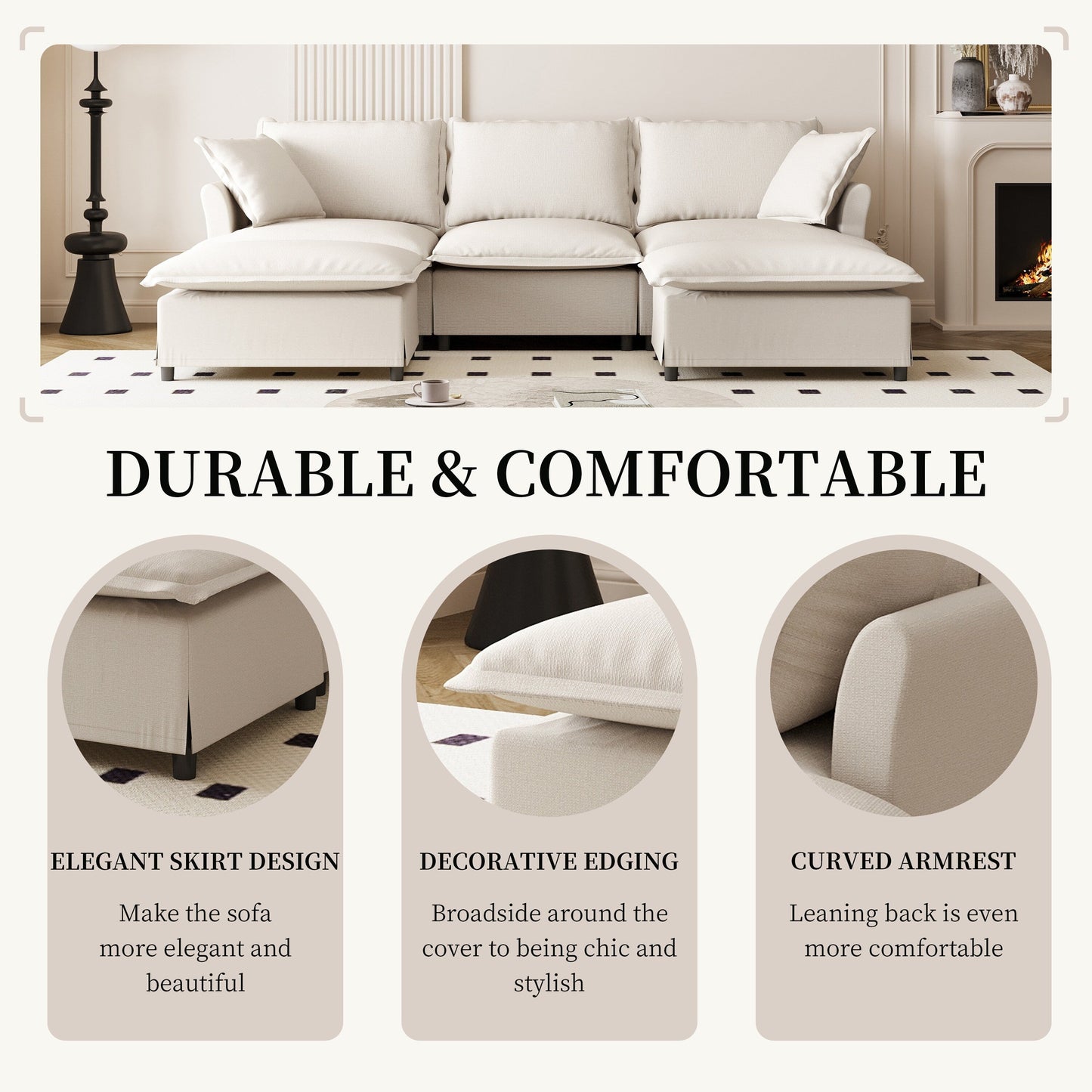 Divano componibile in ciniglia con pouf, divano letto a forma di U con cuscini, combinazione libera, divano modulare imbottito a 5 posti