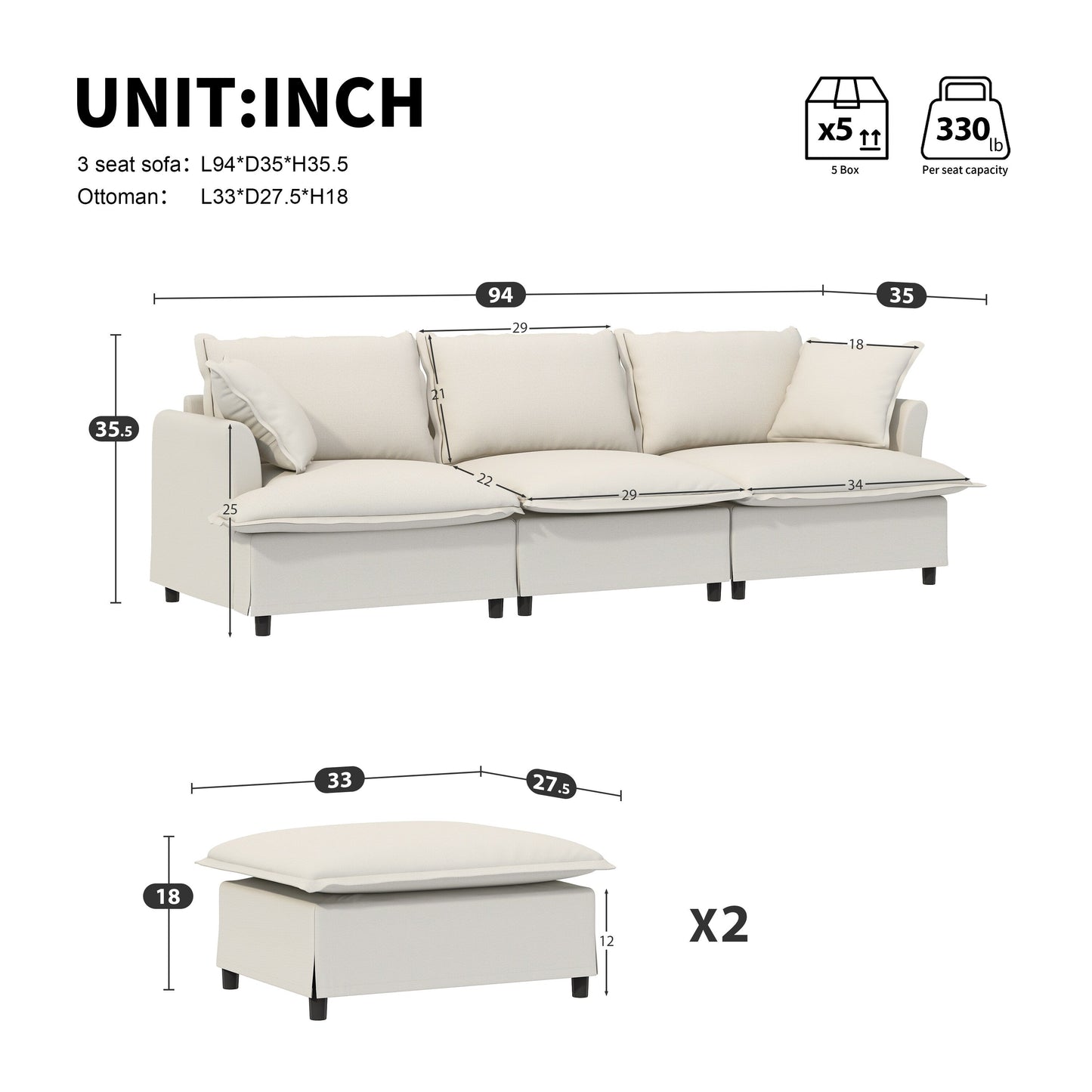 Divano componibile in ciniglia con pouf, divano letto a forma di U con cuscini, combinazione libera, divano modulare imbottito a 5 posti