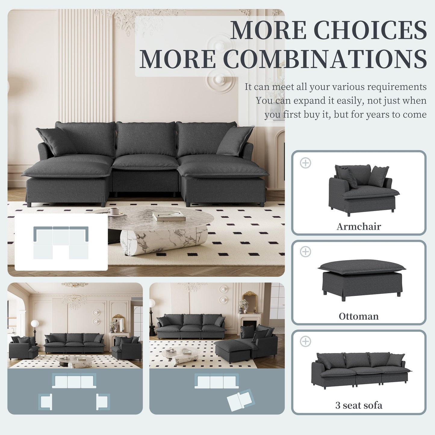 Divano componibile in ciniglia con pouf, divano letto a forma di U con cuscini, combinazione libera, divano modulare imbottito a 5 posti