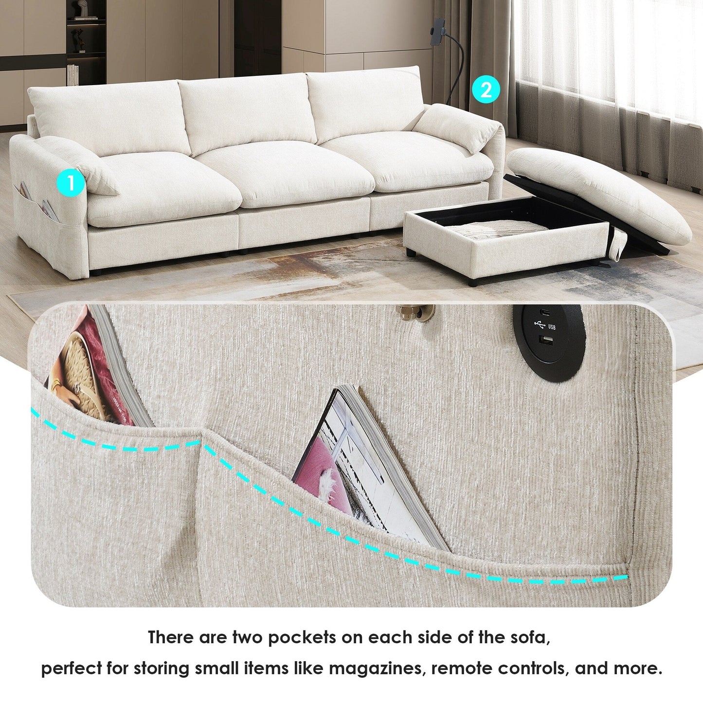 Divano componibile in ciniglia con pouf contenitore e tasche, porta telefono regolabile, seduta ampia, set divano a L con caricabatterie USB