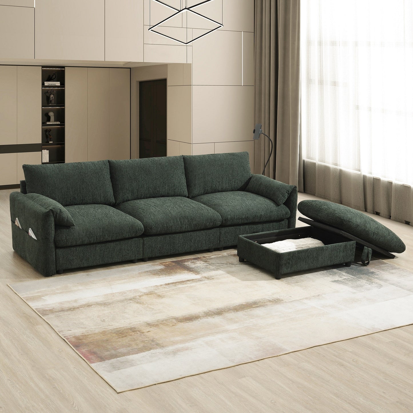 Divano componibile in ciniglia con pouf contenitore e tasche, porta telefono regolabile, seduta ampia, set divano a L con caricabatterie USB