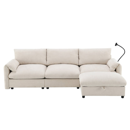 Divano componibile in ciniglia con pouf contenitore e tasche, porta telefono regolabile, seduta ampia, set divano a L con caricabatterie USB