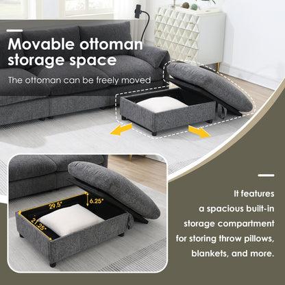 Divano componibile in ciniglia con pouf contenitore e tasche, porta telefono regolabile, seduta ampia, set divano a L con caricabatterie USB