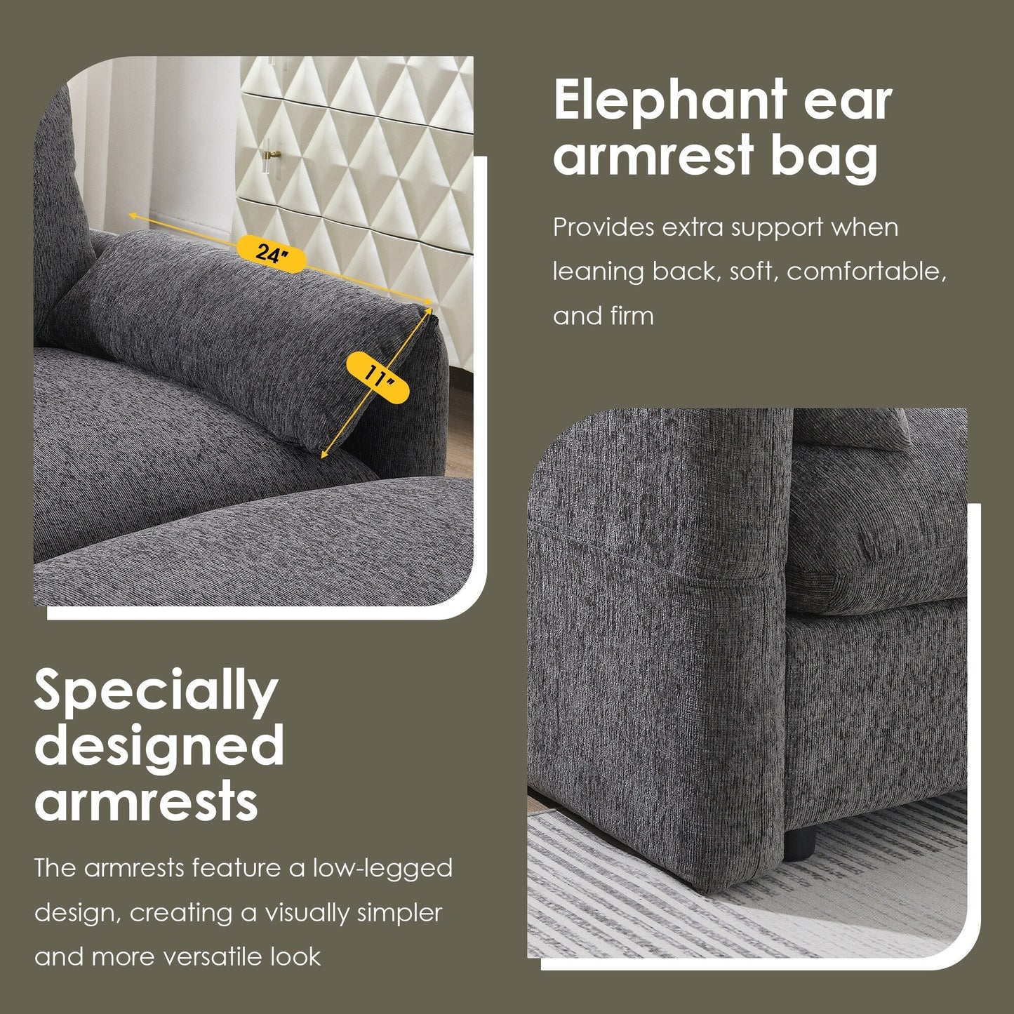 Divano componibile in ciniglia con pouf contenitore e tasche, porta telefono regolabile, seduta ampia, set divano a L con caricabatterie USB