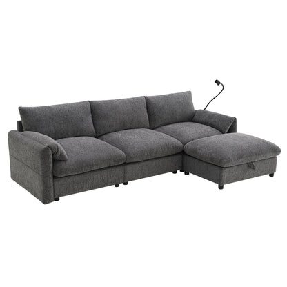 Divano componibile in ciniglia con pouf contenitore e tasche, porta telefono regolabile, seduta ampia, set divano a L con caricabatterie USB