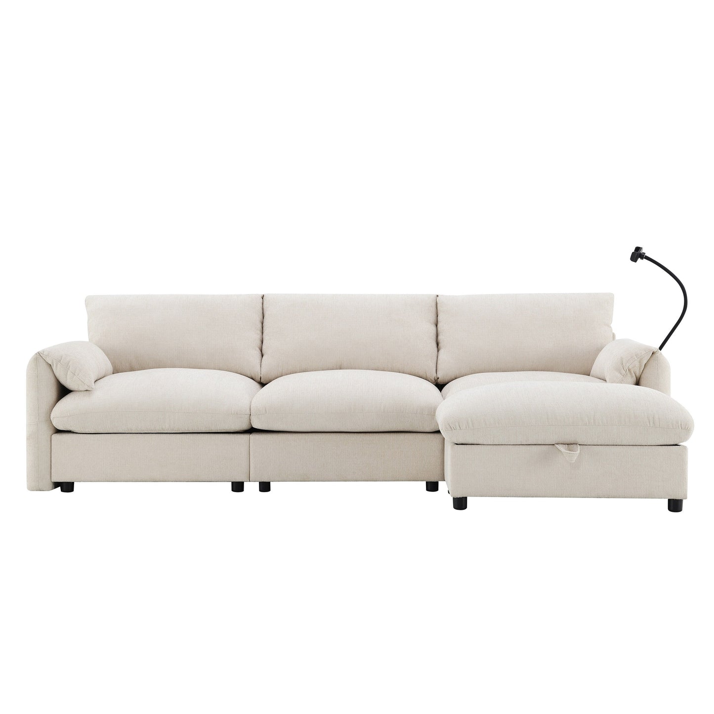 Divano componibile in ciniglia con pouf contenitore e tasche, porta telefono regolabile, seduta ampia, set divano a L con caricabatterie USB