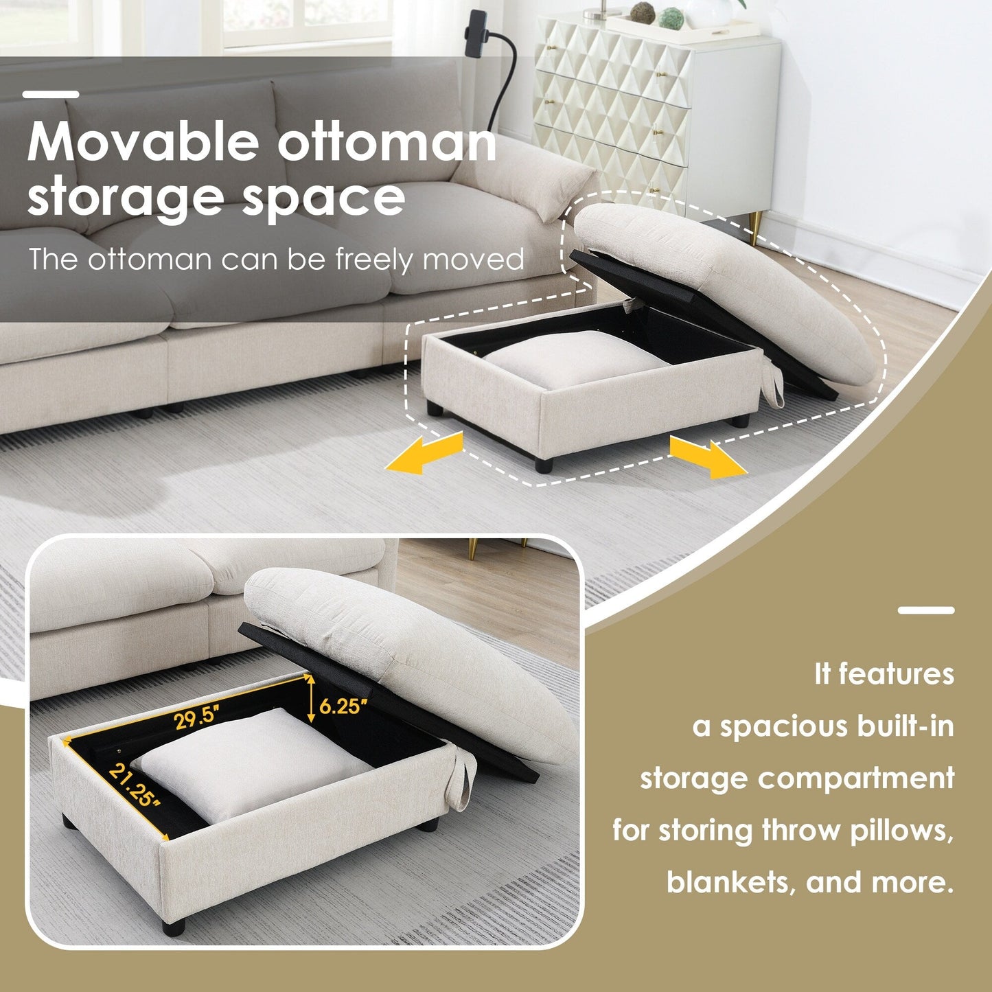 Divano componibile in ciniglia con pouf contenitore e tasche, porta telefono regolabile, seduta ampia, set divano a L con caricabatterie USB