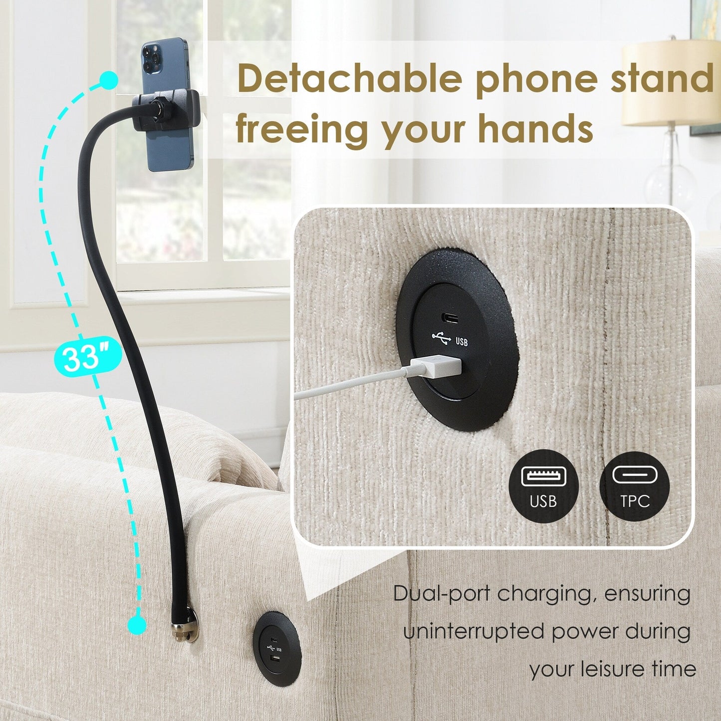 Divano componibile in ciniglia con pouf contenitore e tasche, porta telefono regolabile, seduta ampia, set divano a L con caricabatterie USB