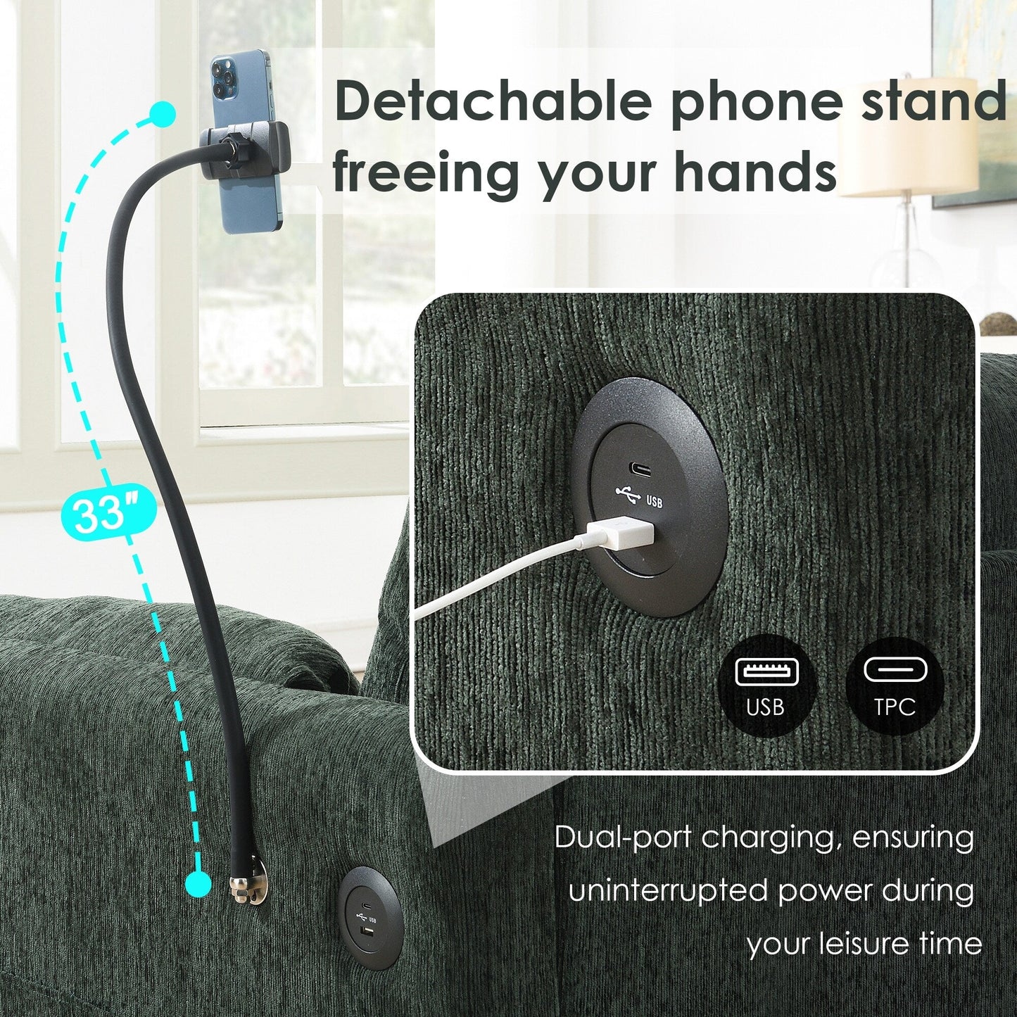 Divano componibile in ciniglia con pouf contenitore e tasche, porta telefono regolabile, seduta ampia, set divano a L con caricabatterie USB