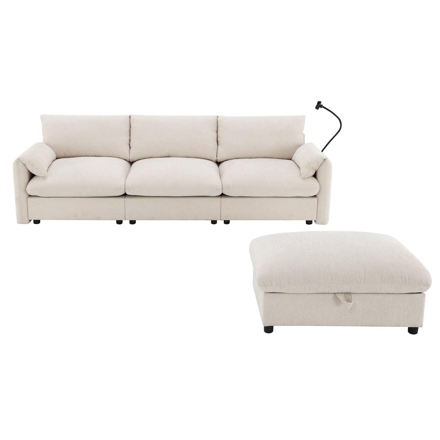 Divano componibile in ciniglia con pouf contenitore e tasche, porta telefono regolabile, seduta ampia, set divano a L con caricabatterie USB