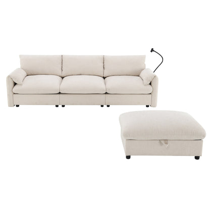 Divano componibile in ciniglia con pouf contenitore e tasche, porta telefono regolabile, seduta ampia, set divano a L con caricabatterie USB