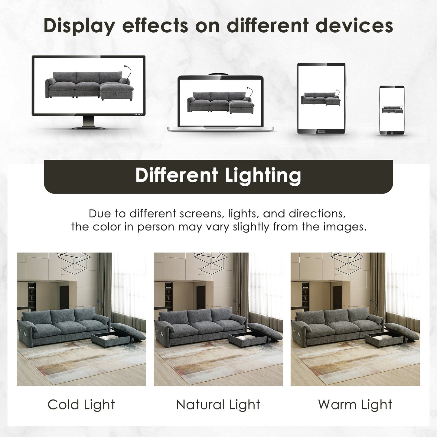 Divano componibile in ciniglia con pouf contenitore e tasche, porta telefono regolabile, seduta ampia, set divano a L con caricabatterie USB