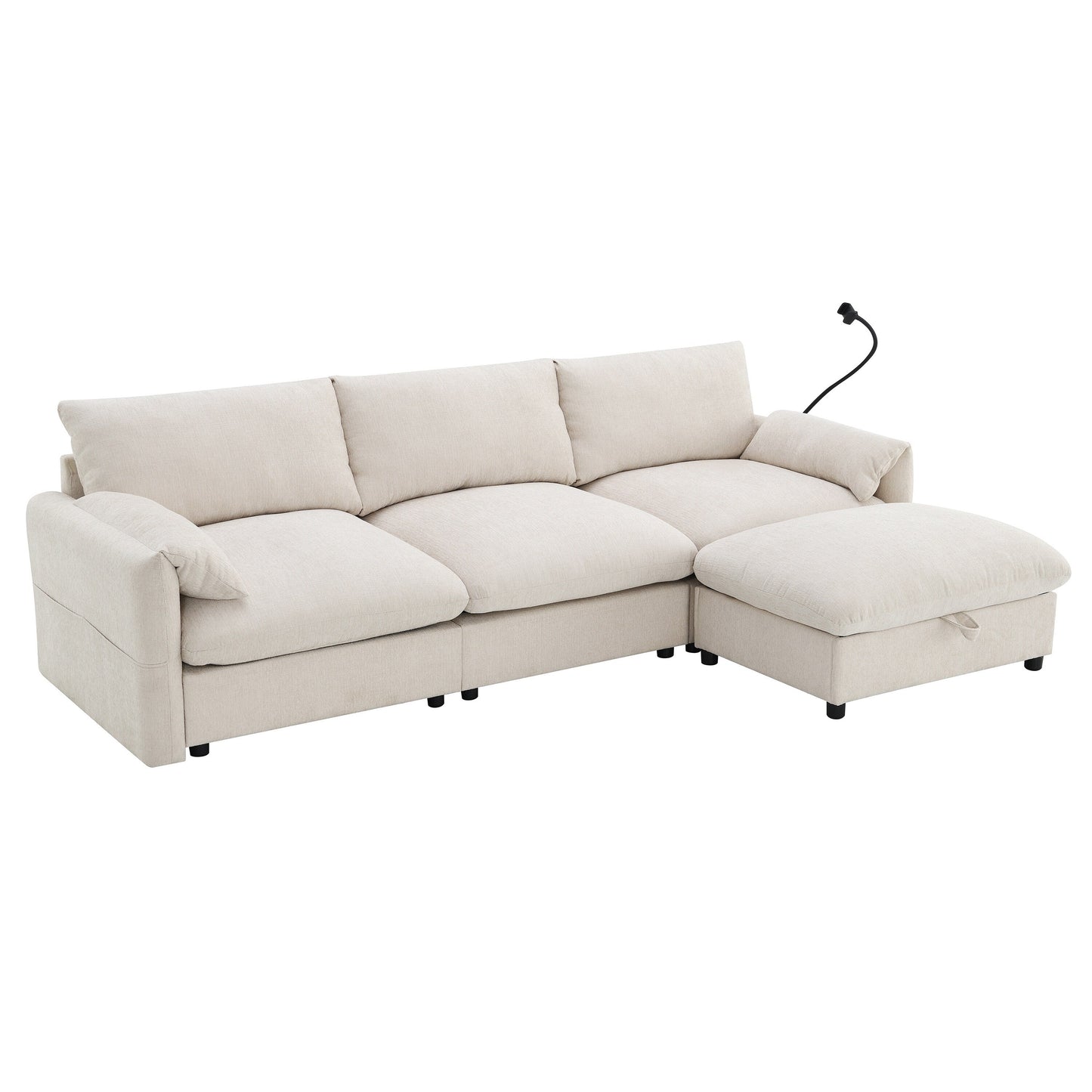 Divano componibile in ciniglia con pouf contenitore e tasche, porta telefono regolabile, seduta ampia, set divano a L con caricabatterie USB