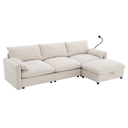 Divano componibile in ciniglia con pouf contenitore e tasche, porta telefono regolabile, seduta ampia, set divano a L con caricabatterie USB