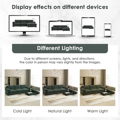 Divano componibile in ciniglia con pouf contenitore e tasche, porta telefono regolabile, seduta ampia, set divano a L con caricabatterie USB