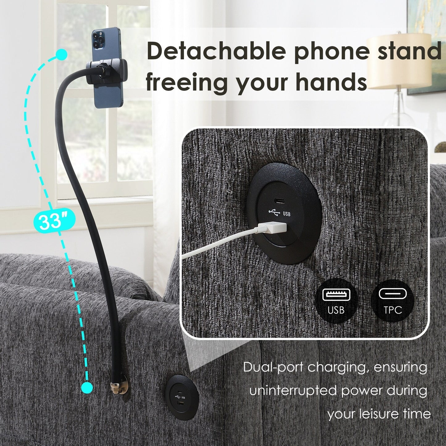 Divano componibile in ciniglia con pouf contenitore e tasche, porta telefono regolabile, seduta ampia, set divano a L con caricabatterie USB