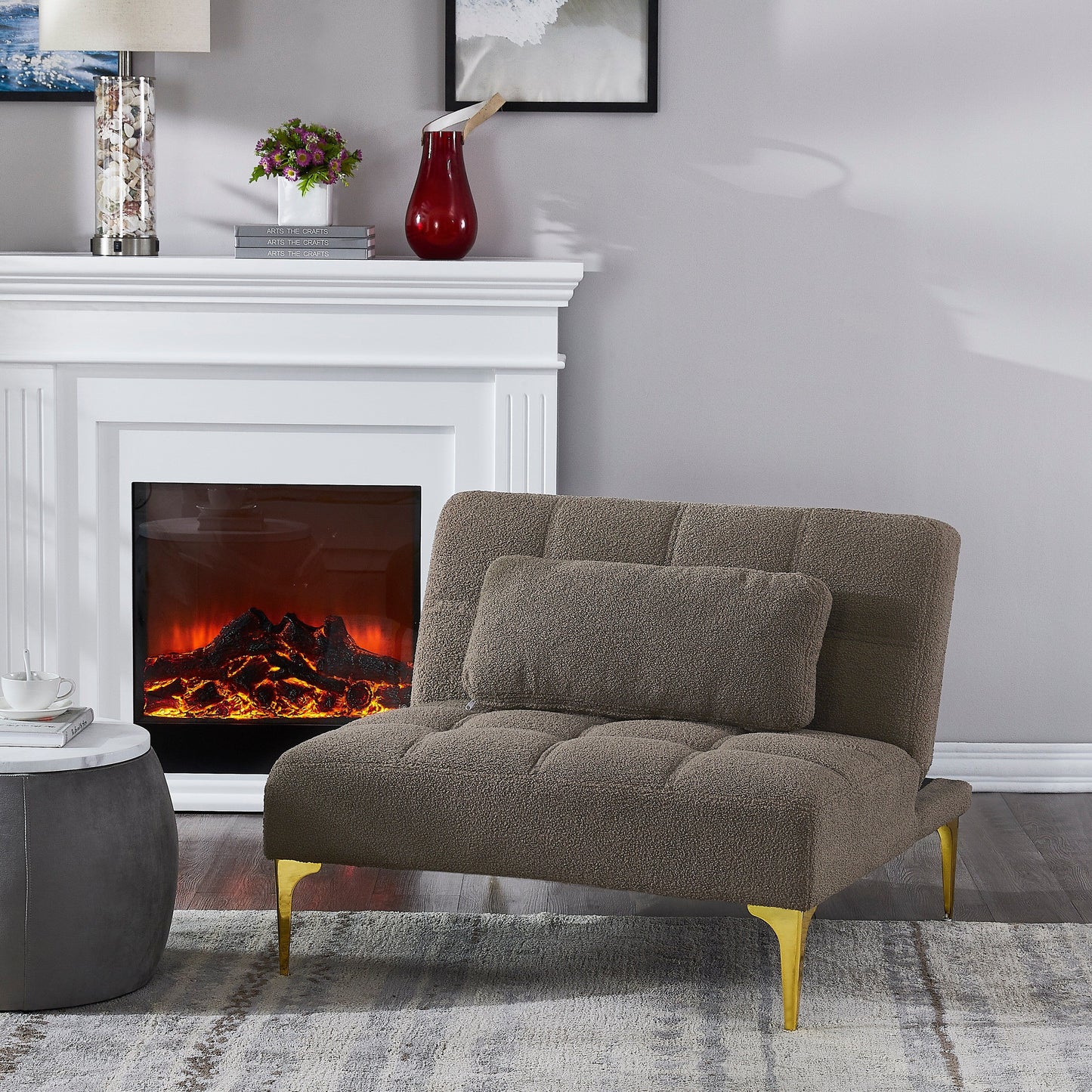 Divano letto singolo modulare in ciniglia con struttura in legno