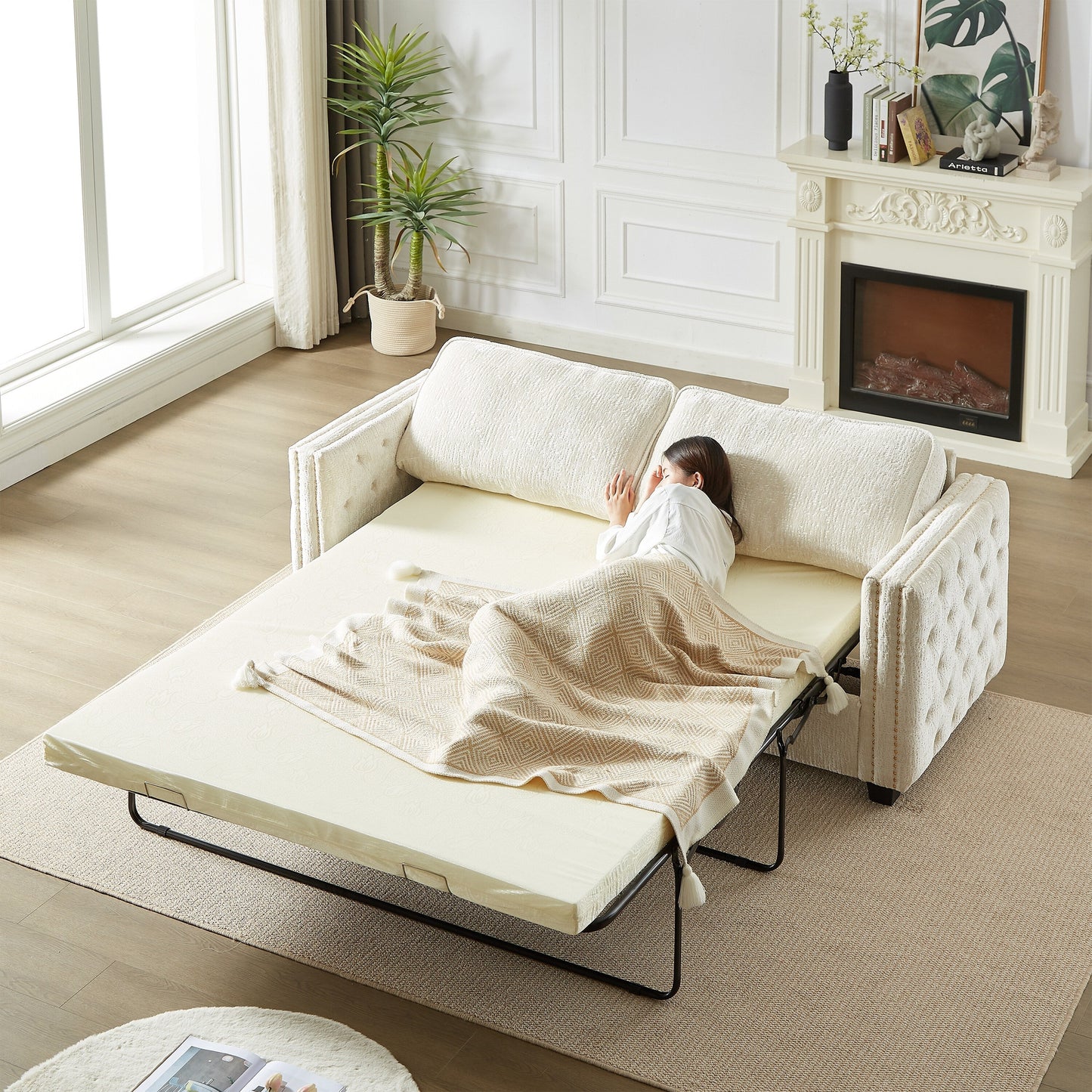 Divano letto in ciniglia con materasso in memory foam