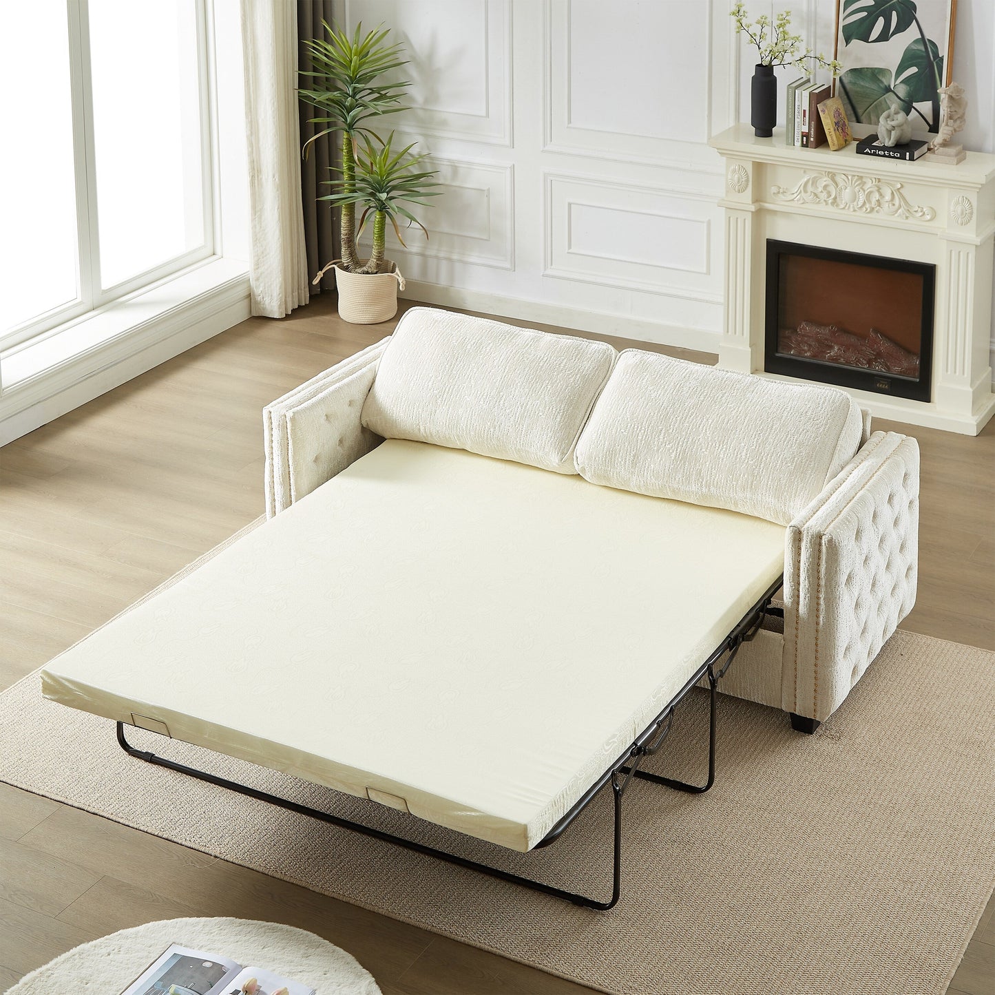 Divano letto in ciniglia con materasso in memory foam