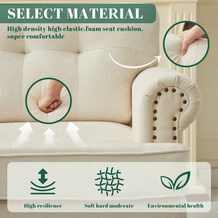 Set di 3 divani in ciniglia per soggiorno, rivestimento con bottoni e borchie, gambe in legno massello di gomma