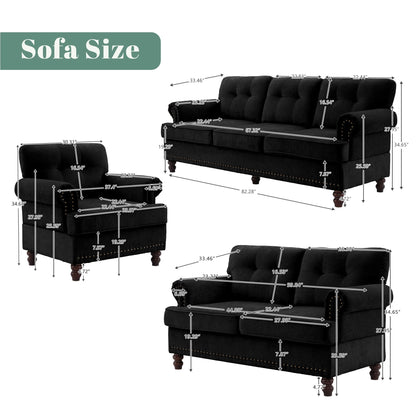 Set di 3 divani in ciniglia per soggiorno, rivestimento con bottoni e borchie, gambe in legno massello di gomma