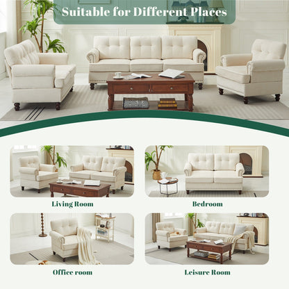 Set di 3 divani in ciniglia per soggiorno, rivestimento con bottoni e borchie, gambe in legno massello di gomma