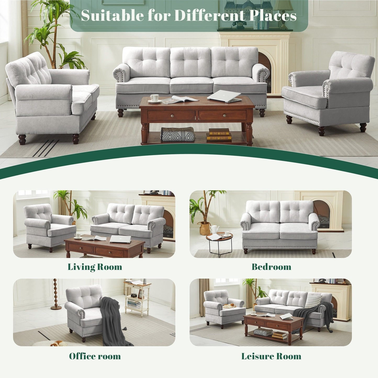 Set di 3 divani in ciniglia per soggiorno, rivestimento con bottoni e borchie, gambe in legno massello di gomma