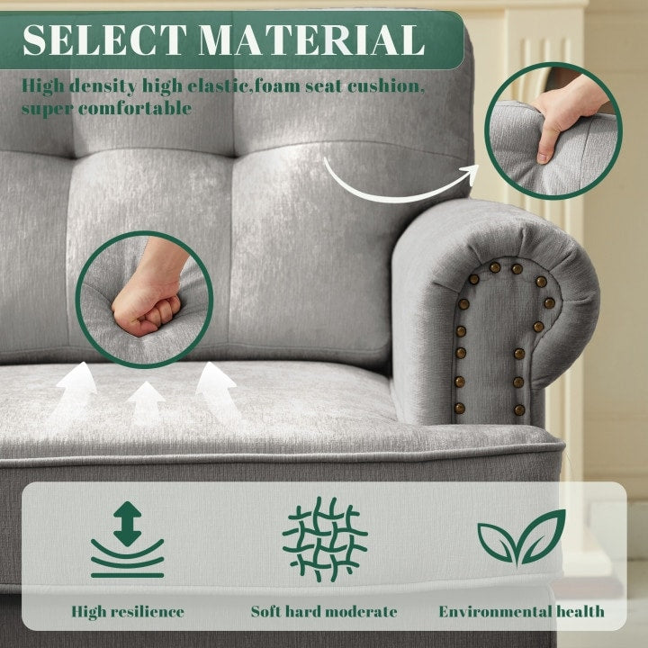 Set di 3 divani in ciniglia per soggiorno, rivestimento con bottoni e borchie, gambe in legno massello di gomma