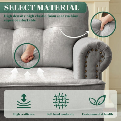 Set di 3 divani in ciniglia per soggiorno, rivestimento con bottoni e borchie, gambe in legno massello di gomma