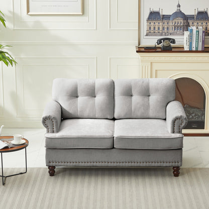 Set di 3 divani in ciniglia per soggiorno, rivestimento con bottoni e borchie, gambe in legno massello di gomma