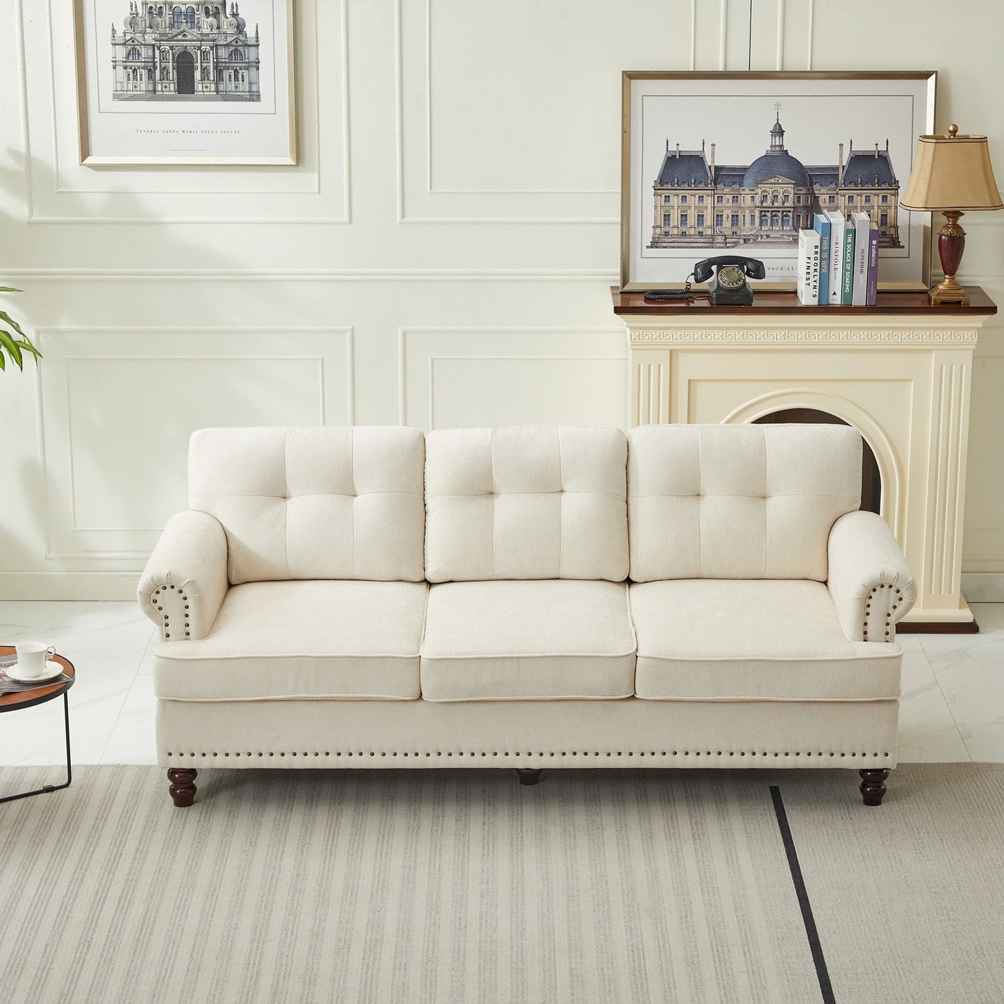 Set di 3 divani in ciniglia per soggiorno, rivestimento con bottoni e borchie, gambe in legno massello di gomma