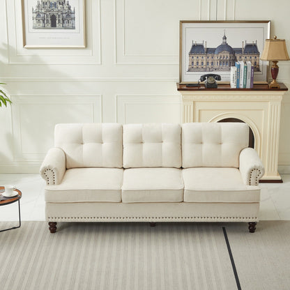 Set di 3 divani in ciniglia per soggiorno, rivestimento con bottoni e borchie, gambe in legno massello di gomma