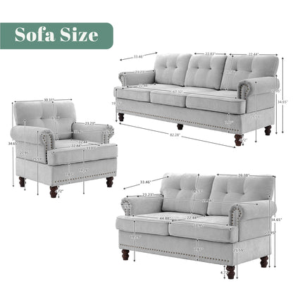 Set di 3 divani in ciniglia per soggiorno, rivestimento con bottoni e borchie, gambe in legno massello di gomma