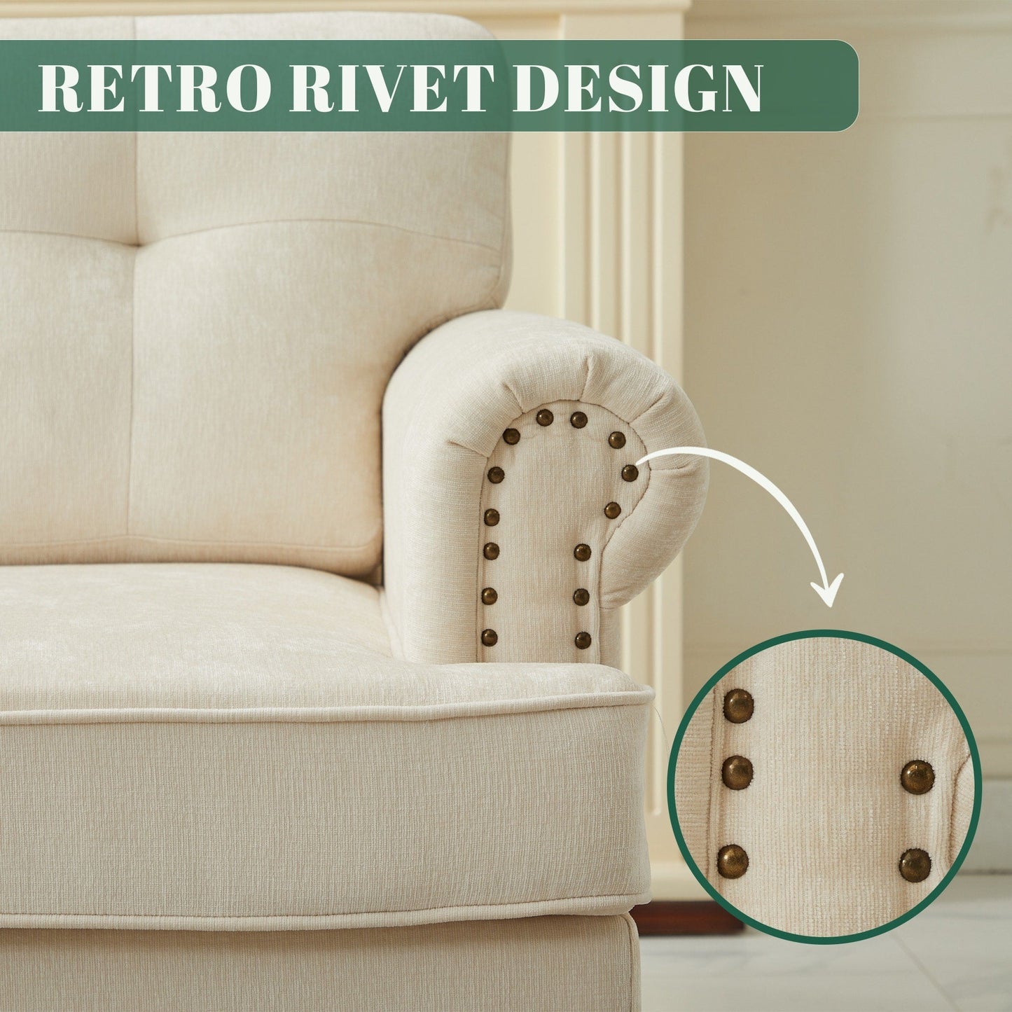 Set di 3 divani in ciniglia per soggiorno, rivestimento con bottoni e borchie, gambe in legno massello di gomma