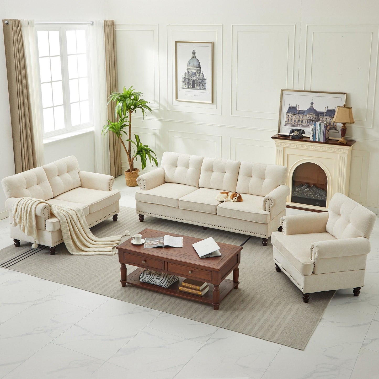 Set di 3 divani in ciniglia per soggiorno, rivestimento con bottoni e borchie, gambe in legno massello di gomma