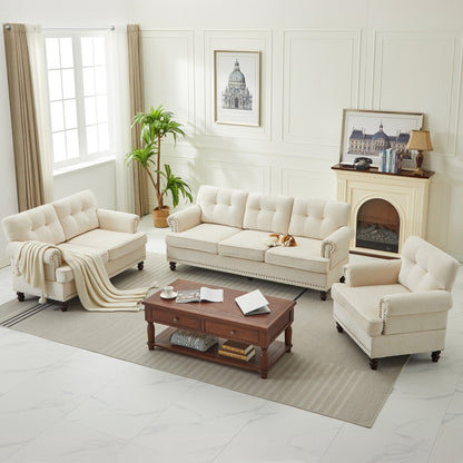 Set di 3 divani in ciniglia per soggiorno, rivestimento con bottoni e borchie, gambe in legno massello di gomma